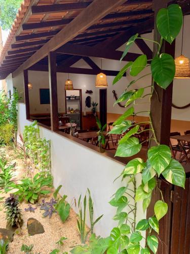 a restaurant with a large mirror in a room with plants at Recanto Alter do Chão in Alter do Chao