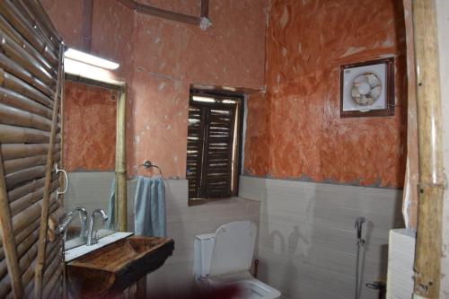ein Badezimmer mit Toilette und Waschbecken in der Unterkunft Likhyani Permaculture Farm in Kūrāli
