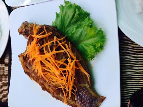 a white plate with a piece of meat with carrots and lettuce at Old Khmer House in Siem Reap