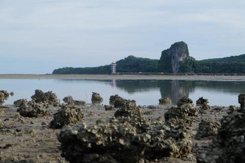 a body of water with a lighthouse in the background at Cherlyn Homestay เฌอลินน์โฮมสเตย์ เกาะลิบง in Ban Batubute