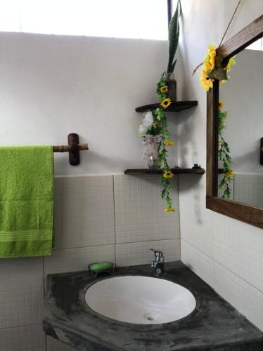 a bathroom with a sink and a green towel at Posada María E in Mucuchíes