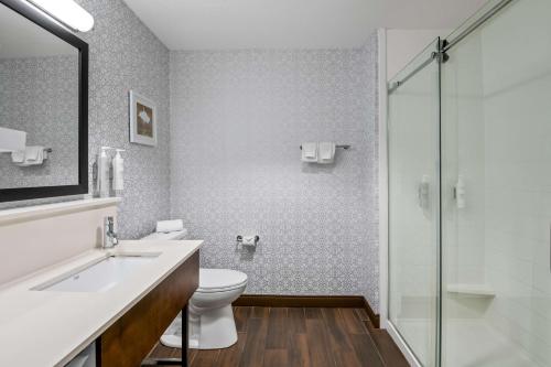 a bathroom with a toilet and a sink and a shower at Hampton Inn Debary-Deltona in DeBary
