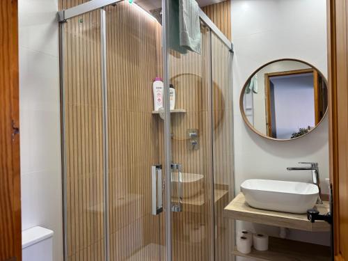 a bathroom with a shower with a sink and a mirror at Apartamento Corredera in Córdoba