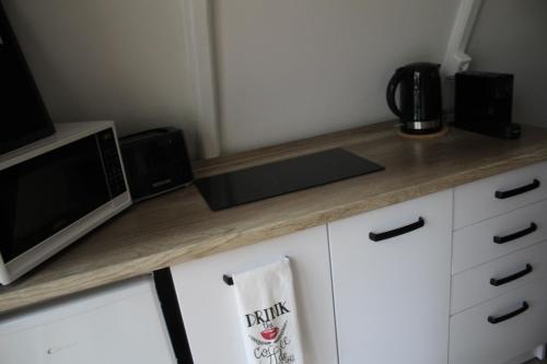 a kitchen with a counter top with a microwave at Kuckózó Vendégház Mogyoróska in Mogyoróska