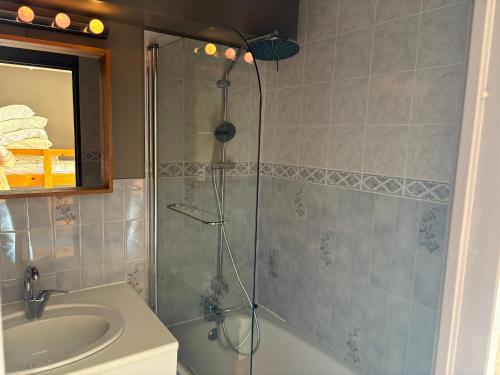 une salle de bain avec douche et lavabo dans l'établissement Cosylocation SuperBesse, à Besse-et-Saint-Anastaise