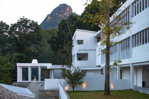 a white building with a mountain in the background at 至也 黄果树 in Xinggong