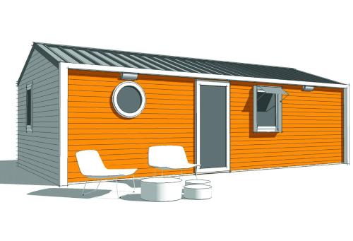 a rendering of a tiny house with two chairs at Am See 90 in Seekirchen am Wallersee