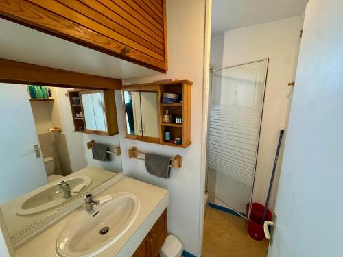 une salle de bain avec un lavabo et un miroir dans l'établissement Vue Mer Exceptionnelle - 2 Étoiles, à Les Sables-dʼOlonne