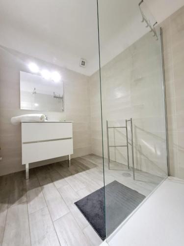 une salle de bain avec une douche en verre et un lavabo dans l'établissement Hendaye a 6mn a pied de la plage parking privé, à Hendaye