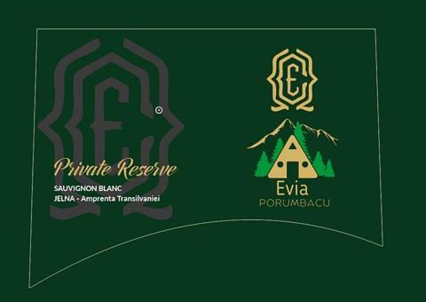 a label for a resort with a tent and a tree at Cabana Evia Porumbacu de Sus in Porumbacu de Sus