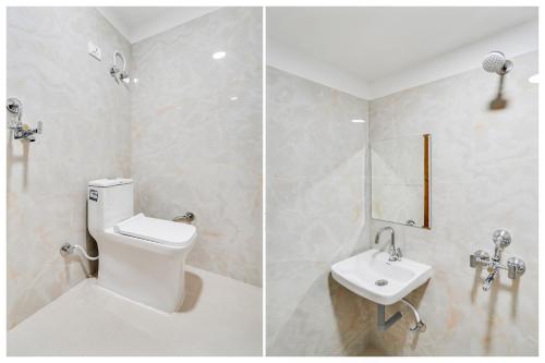 two pictures of a bathroom with a toilet and a sink at Hotel O Heaven in Gwalior