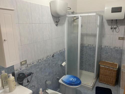 a bathroom with a shower and a toilet at Appartamento Smeraldo Pochi passi dal mare in Calasetta