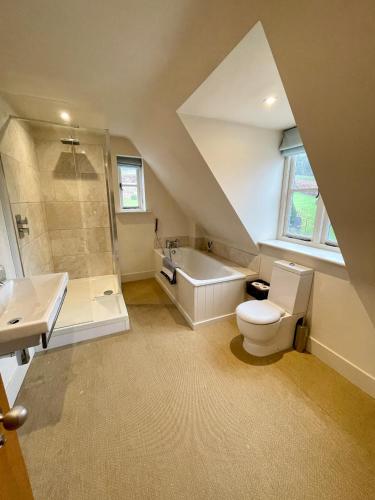 a bathroom with a toilet and a tub and a sink at Everdon Hill House - B&B in Great Everdon