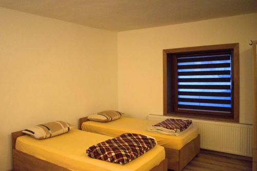 two beds in a room with a window at Korja Apartments Mavrovo in Mavrovo