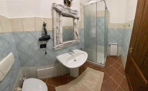 a bathroom with a sink and a toilet and a mirror at Domo Rosada in Ottava Sassari