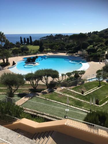 - une vue sur la piscine depuis le balcon du complexe dans l'établissement Joli meublé T2 au Cap Esterel vue Esterel et mer, à Agay