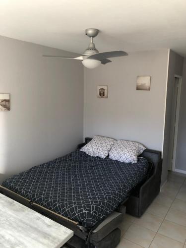 une chambre avec un lit avec un ventilateur de plafond dans l'établissement Studio indépendant 17m2, à Argelès-sur-Mer