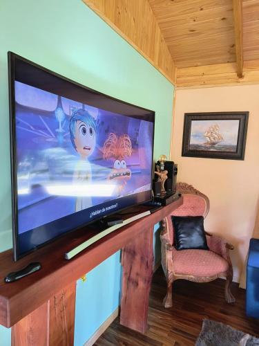 a flat screen tv sitting on top of a wooden stand at Casa entré Fundos in Lago Ranco