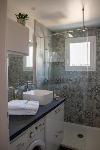 une salle de bain avec un lavabo et une machine à laver dans l'établissement Hélios - Appartement lumineux 65 m2, à Annecy