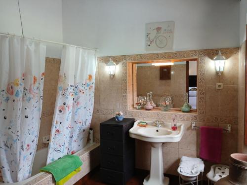 a bathroom with a sink and a shower curtain at Casa da VíVí in Azenha de Baixo