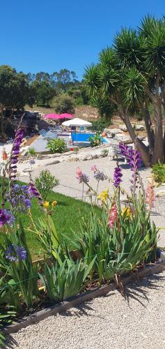 a garden with flowers and a park in the background at Casa 6 personnes Quinta Das Pedras Da Lagoa in Alcobaça