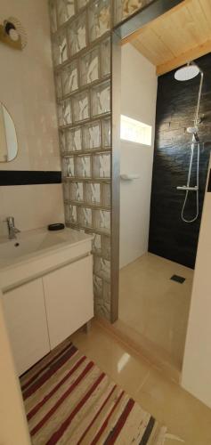 a bathroom with a sink and a shower at Casa 6 personnes Quinta Das Pedras Da Lagoa in Alcobaça