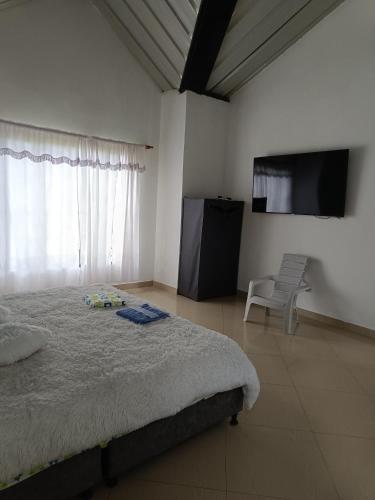 a bedroom with a bed and a tv and a chair at Fresca casa de descanso en La Jagua in Garzón