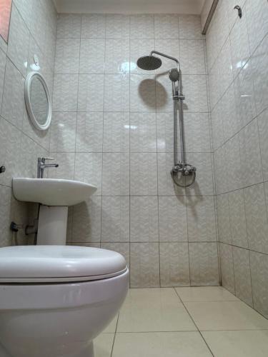 a bathroom with a shower and a toilet and a sink at Haven Hub B22 in Kampala