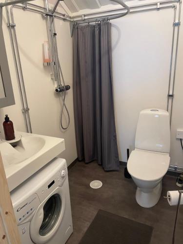 a bathroom with a washing machine and a toilet at Vintersemester Hundfjället Sälen in Sälen