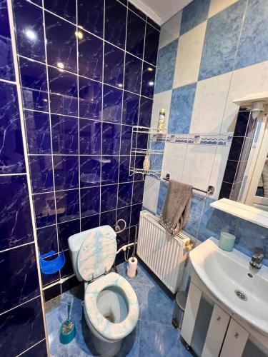 a blue tiled bathroom with a toilet and a sink at Küsmödi Vendégház in Jolotca