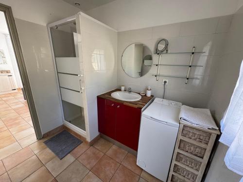 une salle de bain avec un lavabo et une machine à laver dans l'établissement Hébergement à la campagne, à Évenos