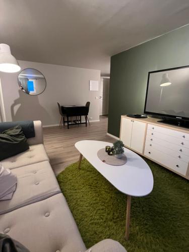 a living room with a couch and a flat screen tv at Bright and pleasant basement apartment near downtown, Lys og trivelig kjellerleilighet i sentrumsnært in Kirkenes