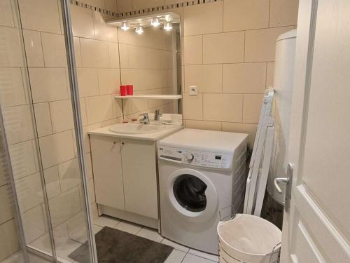 une salle de bain avec une machine à laver et un lavabo dans l'établissement Appartement lumineux avec balcon, parking et casier à skis - FR-1-812-17, à Cauterets