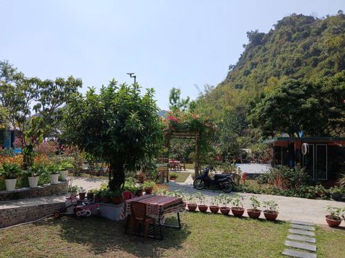 a garden with a table and chairs in front of a mountain at Catba Papillon Garden Bungalows & Resort in Cat Ba