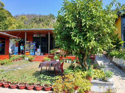 a table and chairs in front of a building with plants at Catba Papillon Garden Bungalows & Resort in Cat Ba