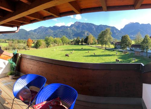 two blue chairs on a balcony with a view of a field at Alpenglück de Luxe Ferienwohnung am Forggensee in Schwangau