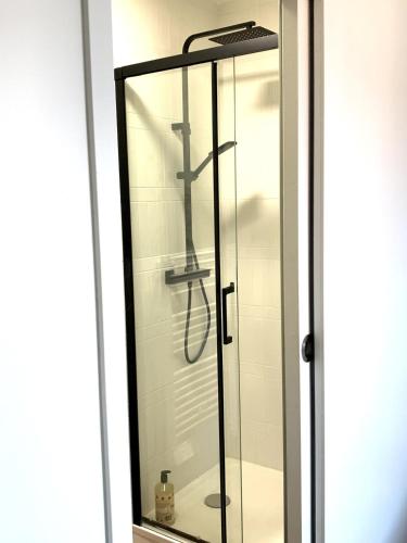 La salle de bains est pourvue d'une porte de douche en verre avec un pommeau de douche. dans l'établissement Astrée, Appartement 2-4 pers hyper-centre le touquet, à Le Touquet-Paris-Plage