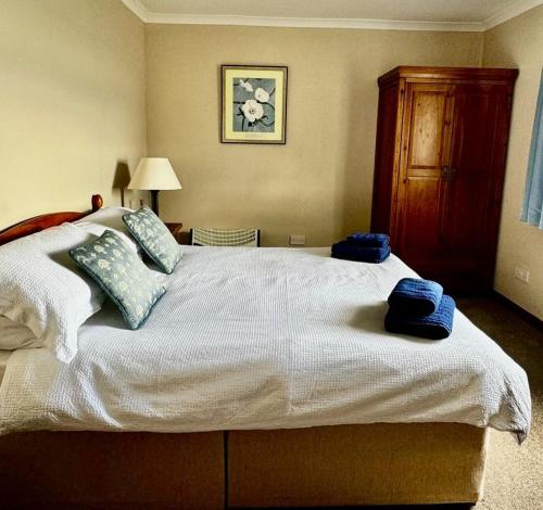 a bedroom with a large white bed with blue pillows at Airyolland in Newton Stewart