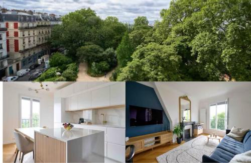 d'une cuisine et d'un salon avec vue sur la ville. dans l'établissement Marais - Parents Suite & Kids Room with Park View, à Paris