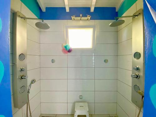 a bathroom with a shower with a window at Gite privée tout équipé in Le Gosier