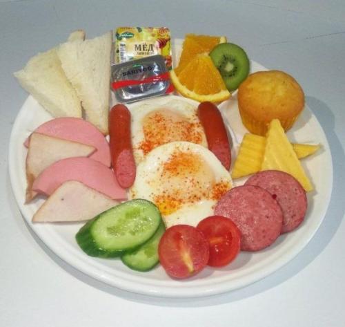 een bord ontbijtproducten met eieren, worst, fruit en groenten bij Welldone HOTEL in Samarkand