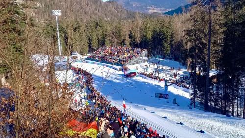 a large crowd of people watching a ski race at Ferientraum am Maibaum in Traunstein