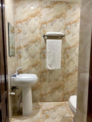 a bathroom with a sink and a toilet at Babar House in Faisalabad