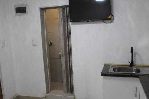 a bathroom with a shower and a sink and a television at Self-catering rooms Florida in Roodepoort