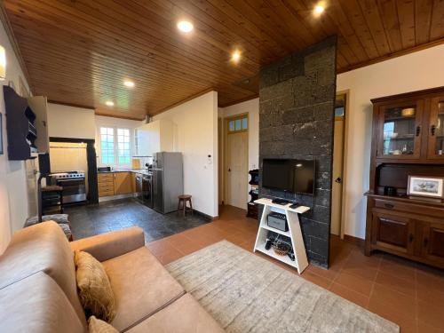 a living room with a couch and a flat screen tv at Casa da Canada in Ribeira Grande