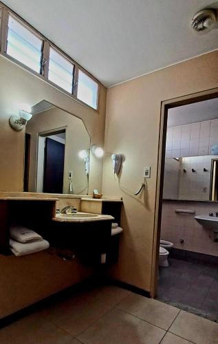 a bathroom with a sink and a mirror at Apartho Dean Funes in Salta