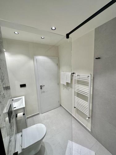 a white bathroom with a toilet and a shower at Deluxe Aparthotel Central in Zalău