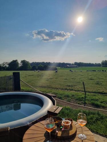 a hot tub with glasses of wine and a field at La Bulle Céleste in Faimes