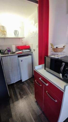 a kitchen with a microwave and a red curtain at Studio Les coquelicots in Saint-Romain-sur-Cher