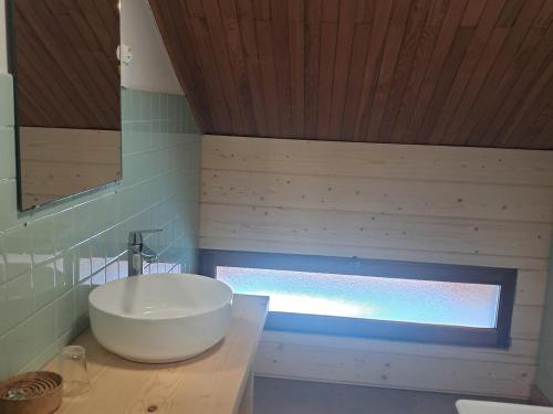 アボンダンスにあるChalet calme avec cheminée, 4 chambres, idéal famille - FR-1-692-21の白い洗面台と窓のあるバスルーム